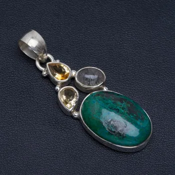 

Natural Chrysocolla, Citrine and Rutilated Quartz Unique 925 Sterling Silver Pendant 1 7/8" M217