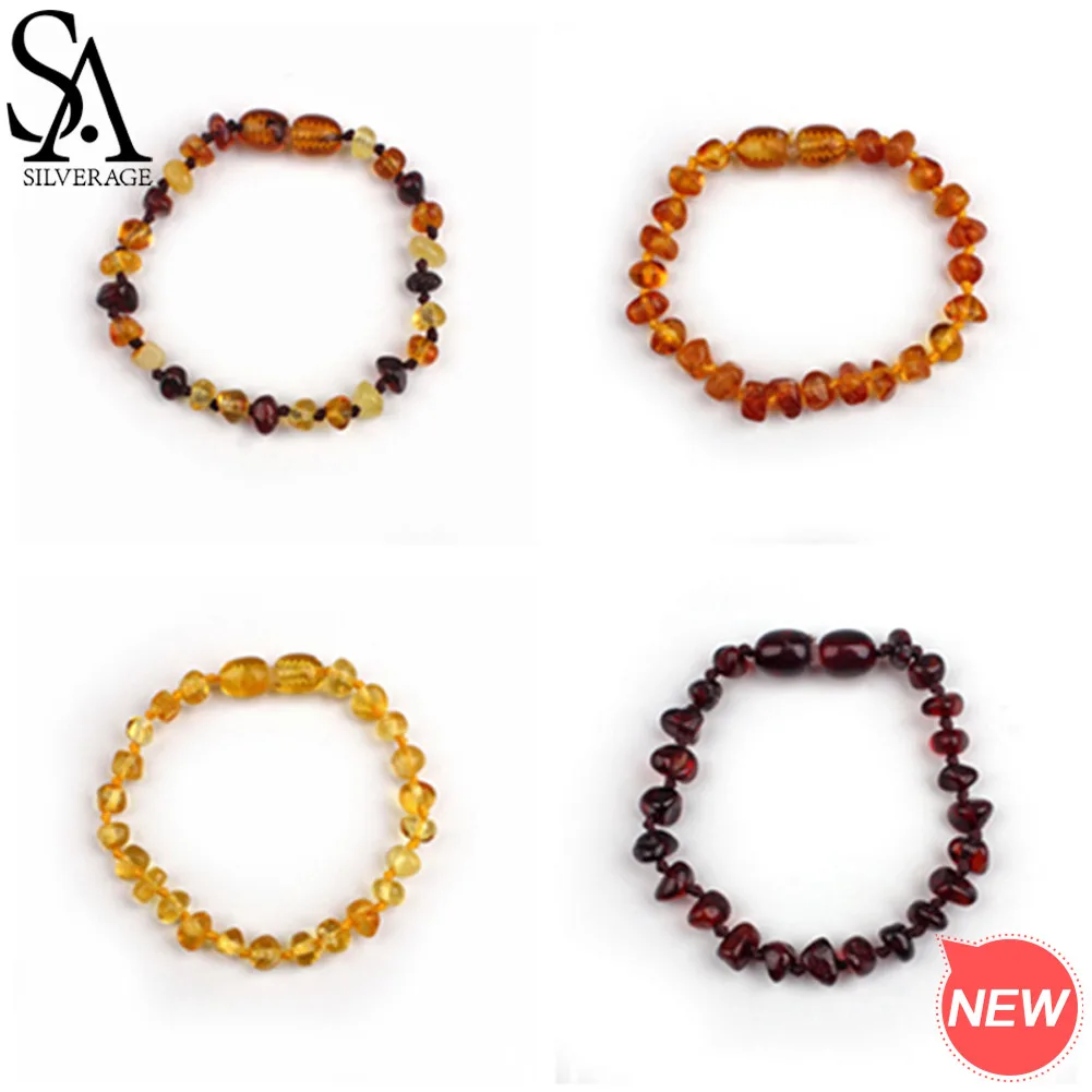 

SA SILVERAGE Natural Amber Children Bracelets Four Colors Baby Irregular Round Chain & Link Bracelets Trendy Boys Girls Bracelet