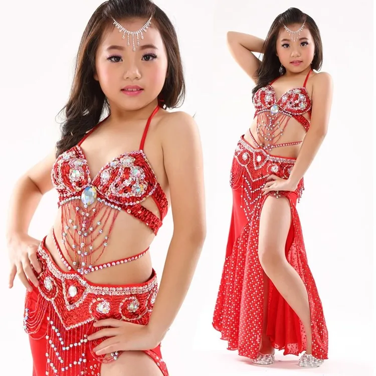 Топ Класс детская танец живота костюмы из 3 предметов Oriental платье бюстгальтер, пояс, юбка костюм танец живота набор профессиональных