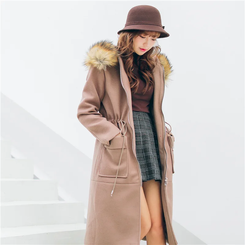 

England Style Solid Long Winter Fashion Wool Coats Slim Zippers Wool Blend Coat and Jacket Pockets Hooded Coat Femenino