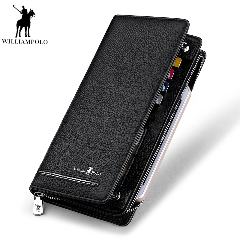 

WILLIAMPOLO Fashion New Long Genuine Leather Luxury Brand Men Zipper Wallets Purse Male Clutch Business Wallet PL219