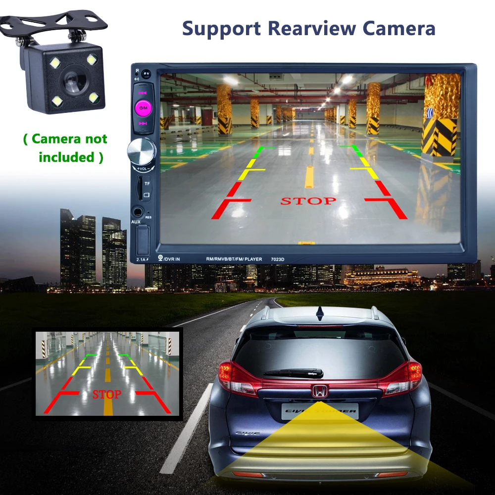 7023D 2Din 7inch Bluetooth HD 1024*600 Car MP5 Player with Card Reader Radio Tuner Fast Charge with Camera Car Stereo MP5 Player