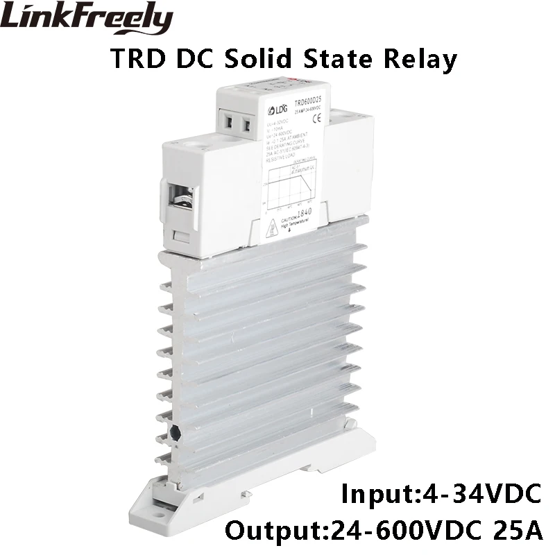 TRD600D25M1 Single Phase DC Solid State Relay SSR 25A DC Control DC Input 4-32V DC Output 24-600VDC Integrated Heat Sink Relay TRD600D25M1 Single Phase DC Solid State Relay SSR 25A DC Control DC Input 4-32V DC Output 24-600VDC Integrated Heat Sink Relay
