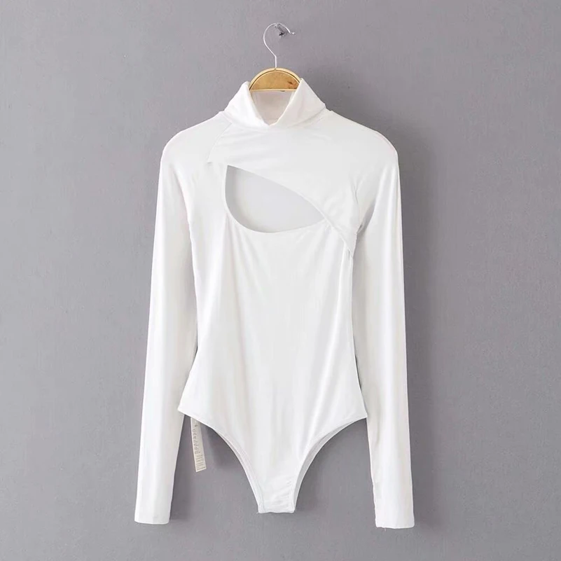 Front Hollow Out Women Long Sleeve Skinny Solid Bodysuits Women American Street Wear Solid Long Sleeve Solid Bodysuits - Цвет: white