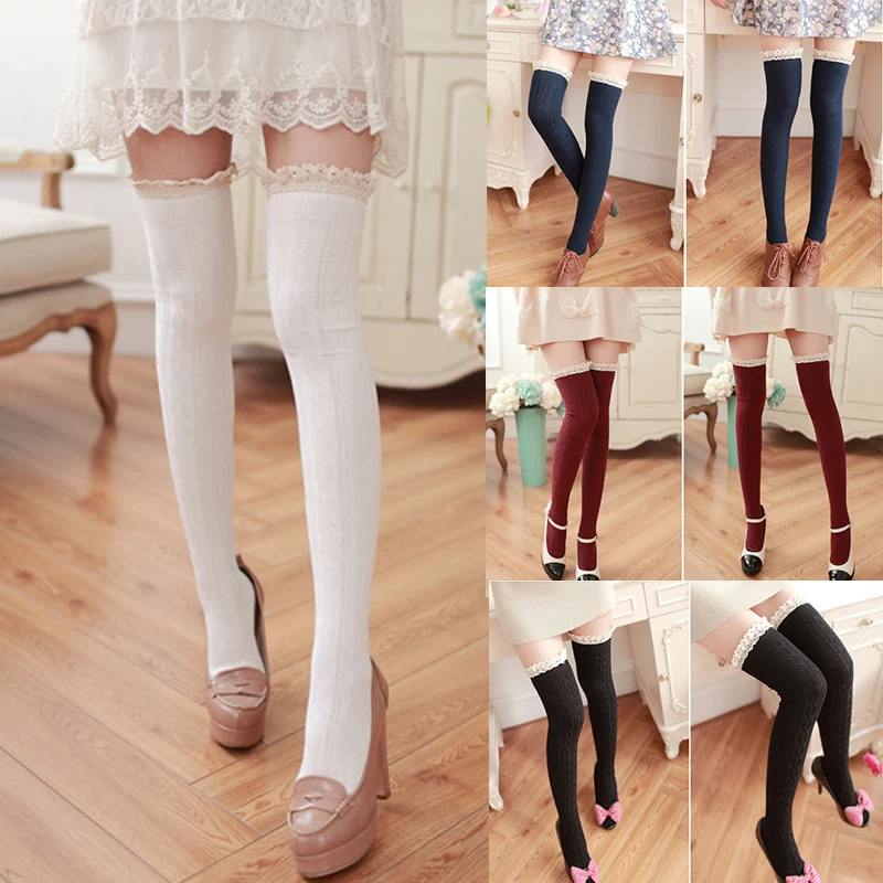 

F Comfortable Women Girls Autumn winter High Stretch Socks Over The Knee Lace Cotton Thigh Vertical Lines High Stretch Socks