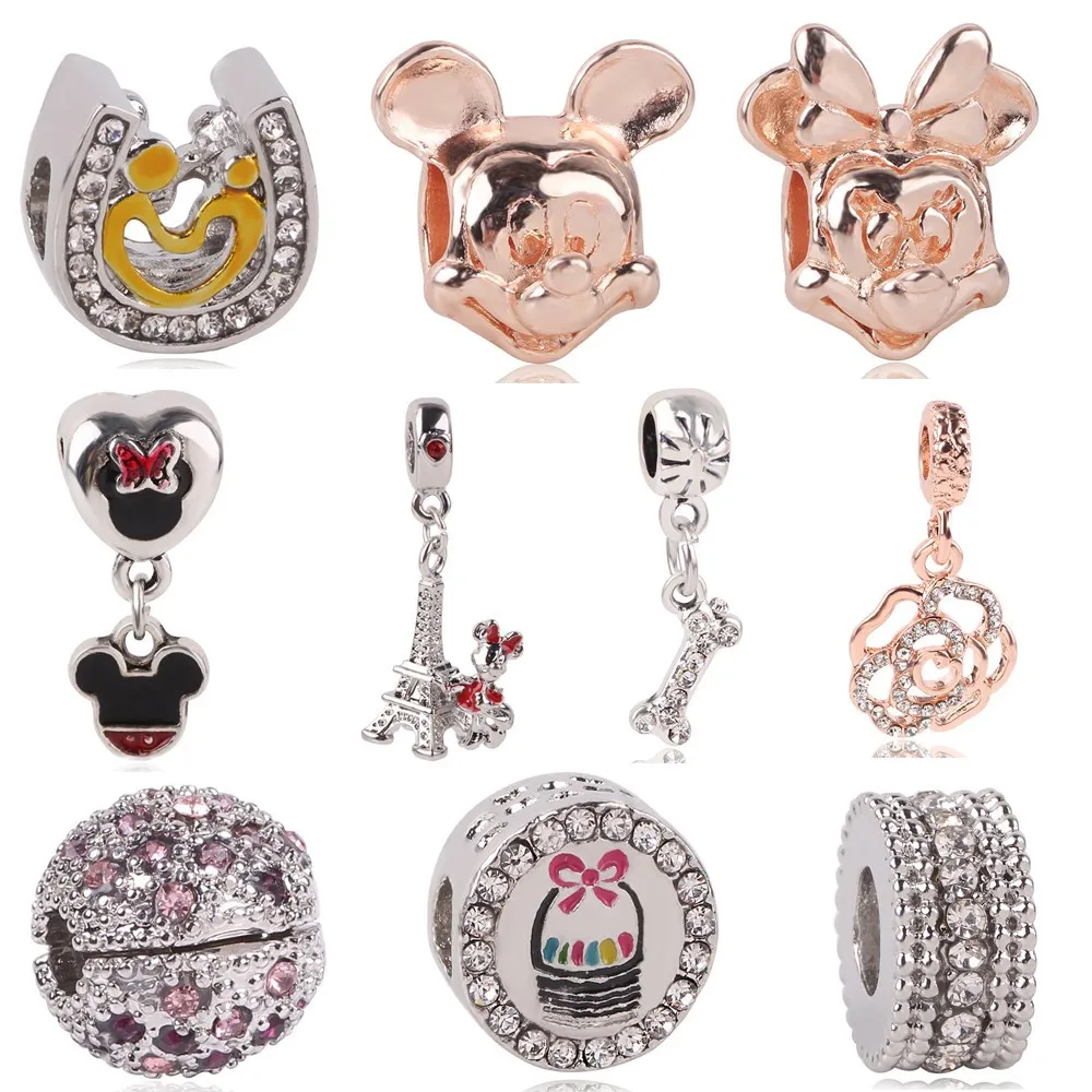 

Ranqin Bead Pendant Necklace DIY Suitable For Pandora Bracelet Europe Jewelry Original Charm Girl Personality Mickey Silver Bone