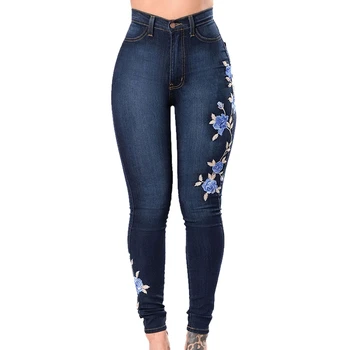 

LAAMEI Flower Embroidered Elastic Denim Pencil Pant Women Jean Female Sexy Skinny Jeans Pant Pantalon Women Bottom Trouser