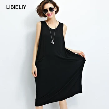 

Summer Ultra Large Size Women Loose Dress Sleeveless Round Neck Dress Nice New Fashion Pocket Solid Color Dress LU55