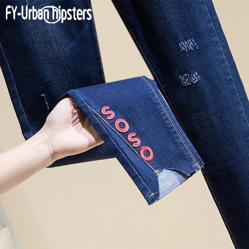 Рваные синие эластичные джинсы с заплатками, модные повседневные несимметричные прямые джинсы, женские джинсы стрейч размера плюс, женские брюки-бойфренды