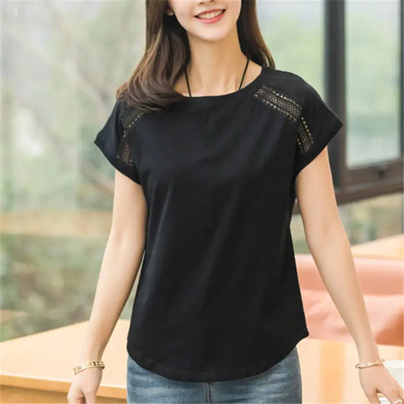 Хлопковые летние блузки, кружевные рубашки с рукавом летучая мышь для женщин, топы, рубашки размера плюс, женская одежда в Корейском стиле, женские блузы# B65 - Цвет: Черный