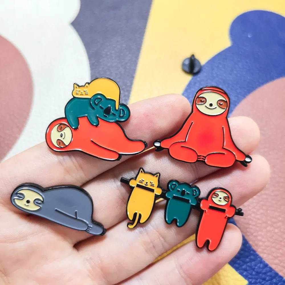 Супер милый Ленивец коала и кот! Эмалированная заколка для йоги ленивые Значки