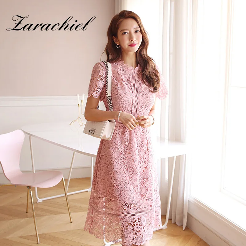 

Vestidos Summer 2019 Elegant Hollow Out Lace Dress Pink Women Short Sleeve Prom Office Party Dresses Floral Crochet Casual Dress