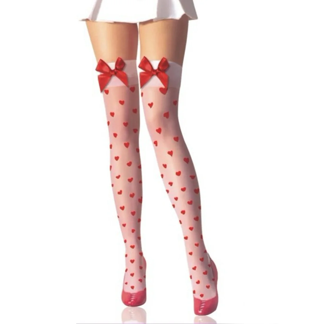 Sweet Girls Women Red Bow Thigh High Socks Knee Socks Love Heart