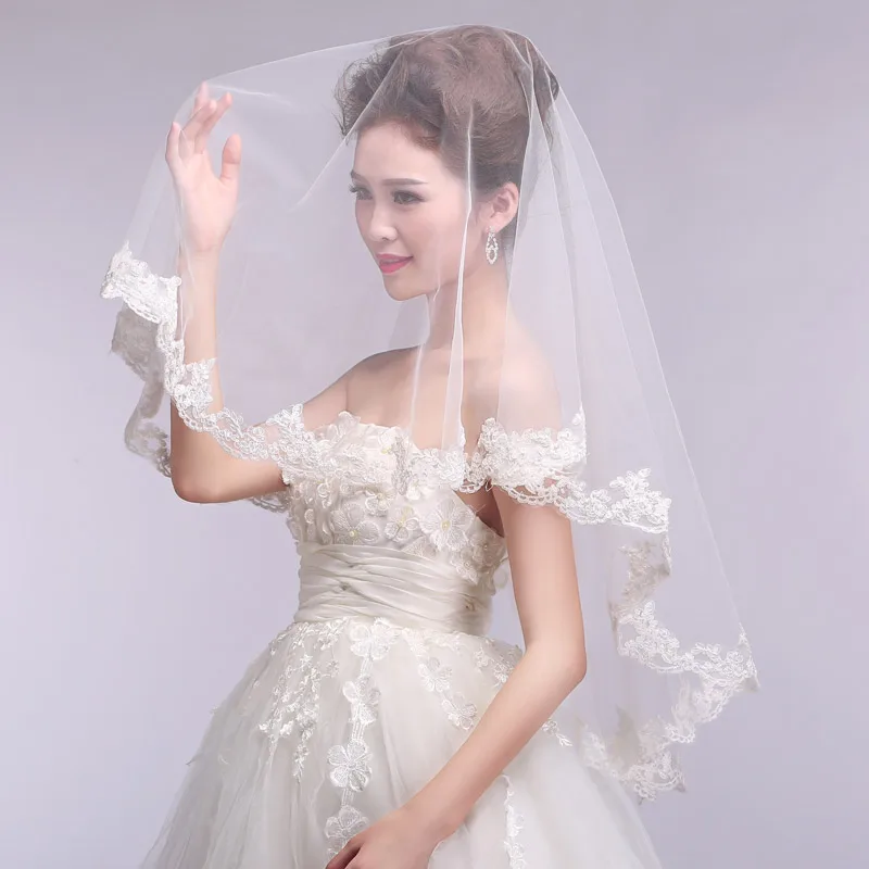 

White Ivory Lace edge Bridal Veils 1 Layer Charming Fingertip Length Wedding veil