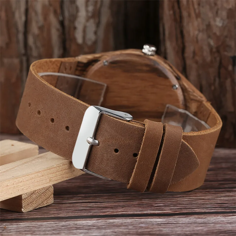 Creative Brown Bamboo Growth Ring Natural Handmade Men Quartz Wrist Wooden Watches Genuine Leather Band Sports Clock Gifts (1)