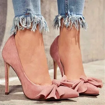 

Sweet Pink Girls Bowtie Pumps Flock Knotted Shallow Slip On High Heels Lady Pumps Pointed Toe Dating Dress Stilettos Shoes Women