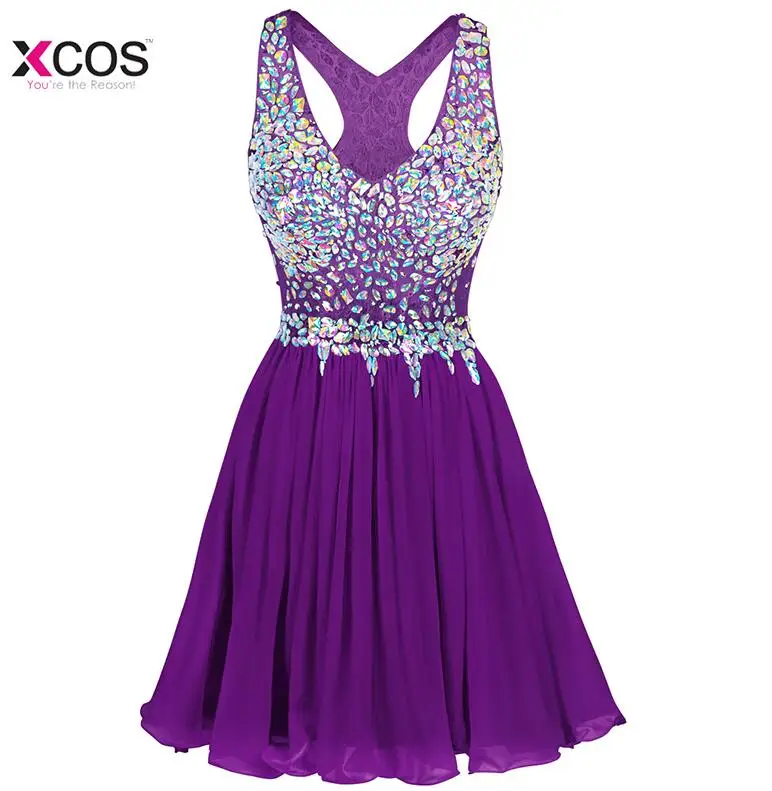 V-образный вырез короткое Хрустальное вышитое бисером Вечернее Платье До Колена торжественное платье для выпускного вечера Vestido коктейльное - Цвет: Фиолетовый
