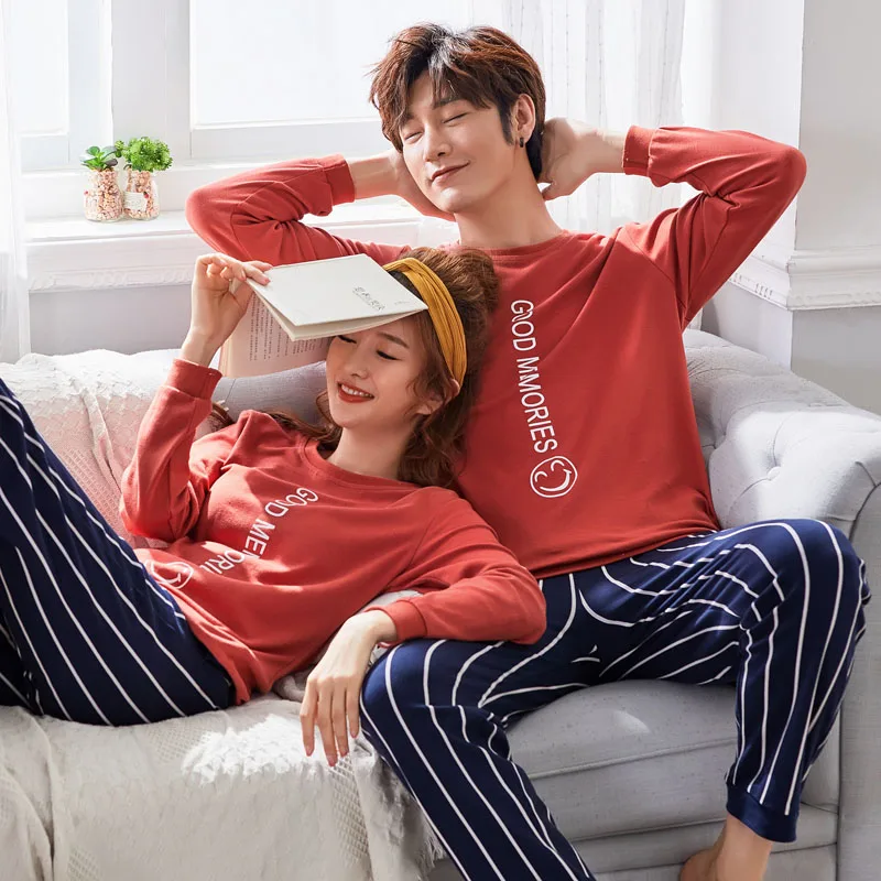 

Brand New Knitted Cotton Long Sleeved Pajamas Women's Pajamas Sets Fashion Couple Sleepwear Men's Loungewear 3XL Women Fashion