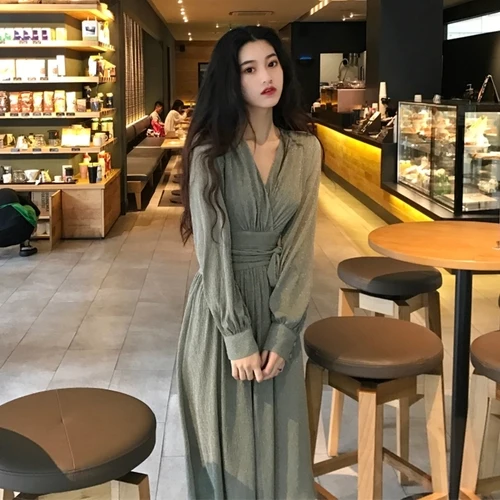 

Spring Fashion Women Dress Solid V-neck Slim Waist Vestido Brief A-line Knee-length Pleated Womens Dresses Temperament