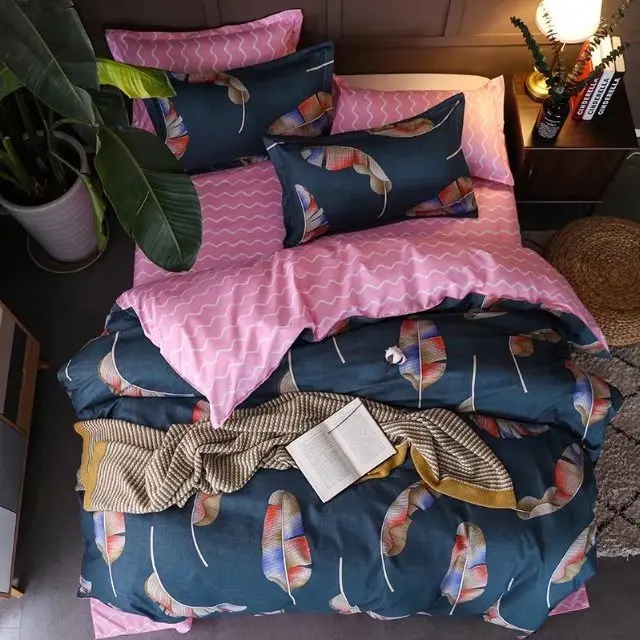 

Fashion bed linen Nordic Feather Simple Style duvet cover fitted sheet Bedding Set Full Single Queen bed set With Elastic