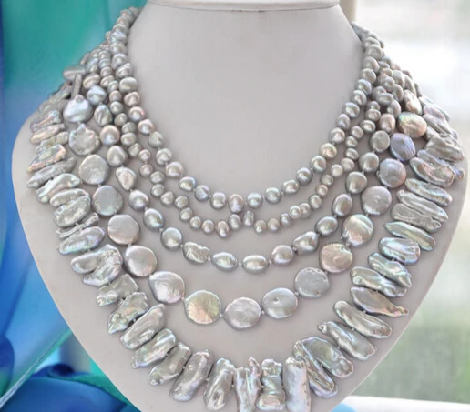 

0001918 5strands GRAY BAROQUE RICE BIWA COIN FRESHWATER pearl necklace