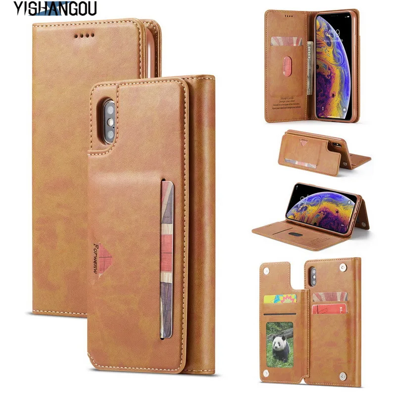 

YISHANGOU Luxury Real Genuine Leather Flip Wallet Phone Case For iPhone X XR XS Max 6 6S 7 8 Plus Photo Card Slots Stand Cover