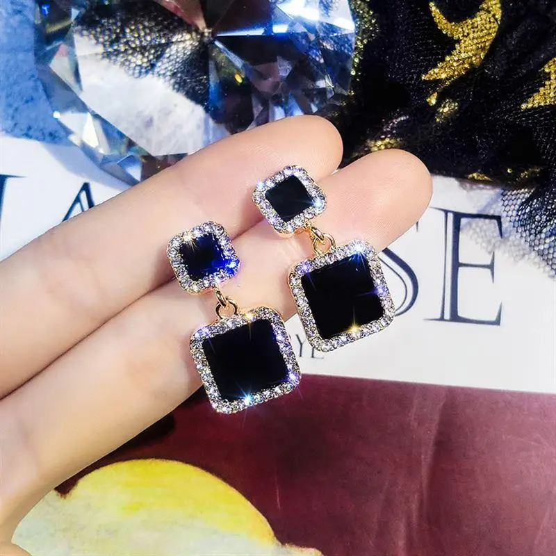 

2019 Statement Earrings Black Square Geometric Earrings For Women Crystal Luxury Wedding Rhinestone Earring Gold Trendy Hanging