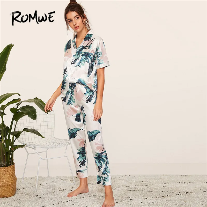 ROMWE, Женский Атласный пижамный комплект с тропическим принтом, блузка с коротким рукавом и длинные штаны, комплекты ночного белья из двух частей