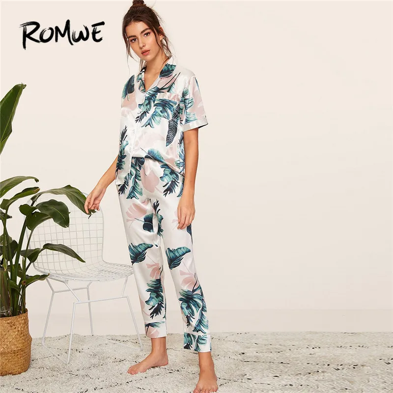 

ROMWE Woman Tropical Print Satin Pajama Set Short Sleeve Blouse With Long Pants Sleepwear Sets Two Piece Night Wear Suits