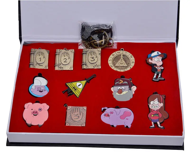 

12pcs Gravity Falls Bill Cipher Journal Memo Waddles Necklace Keychain Figure Collectible Gift box Badge Model Toy