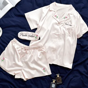 

New Lapel Short-sleeved Rose Embroidery Simulation Silk Pyjamas Women Summer Pajamas Pink Solid Sexy Lingerie Pijama 3-piece Set