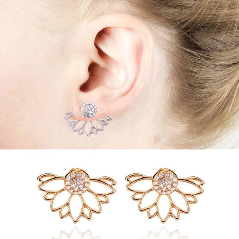 2018 Trendy earrings crystal Flower Stud Earrings For Women fashion Jewelry Double Sided Gold Silver Plated earrings J04 (8)_