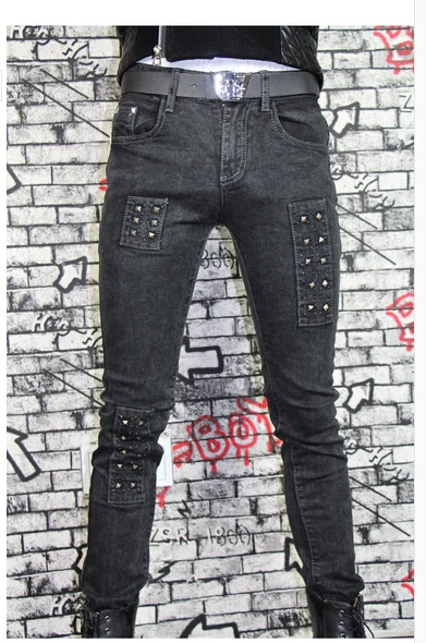 2015 winter grey slim pencil pants personality rivets mens true jeans men famous brand designer jeans