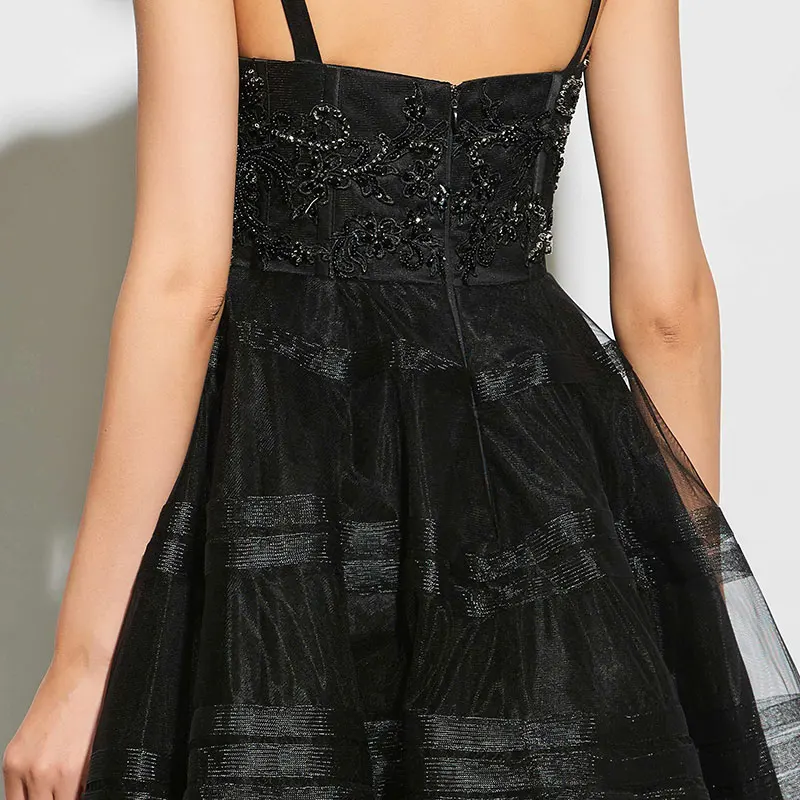 Коктейльное платье Tanpell черное с аппликацией бусинами на тонких бретельках