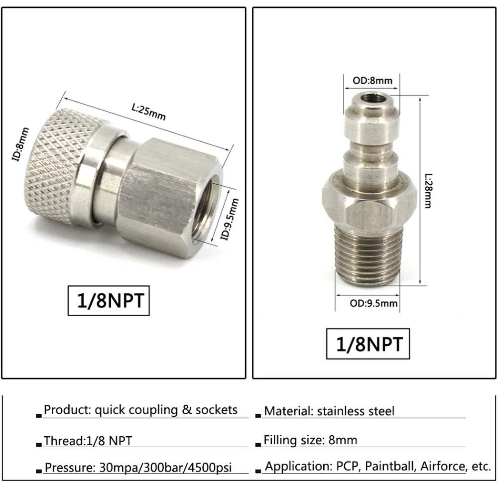 Пейнтбол PCP Airforce из нержавеющей стали 1/8NPT штекер Женский БЫСТРОРАЗЪЕМНАЯ муфта разъем фитинги розетка воздуха 2 шт./компл