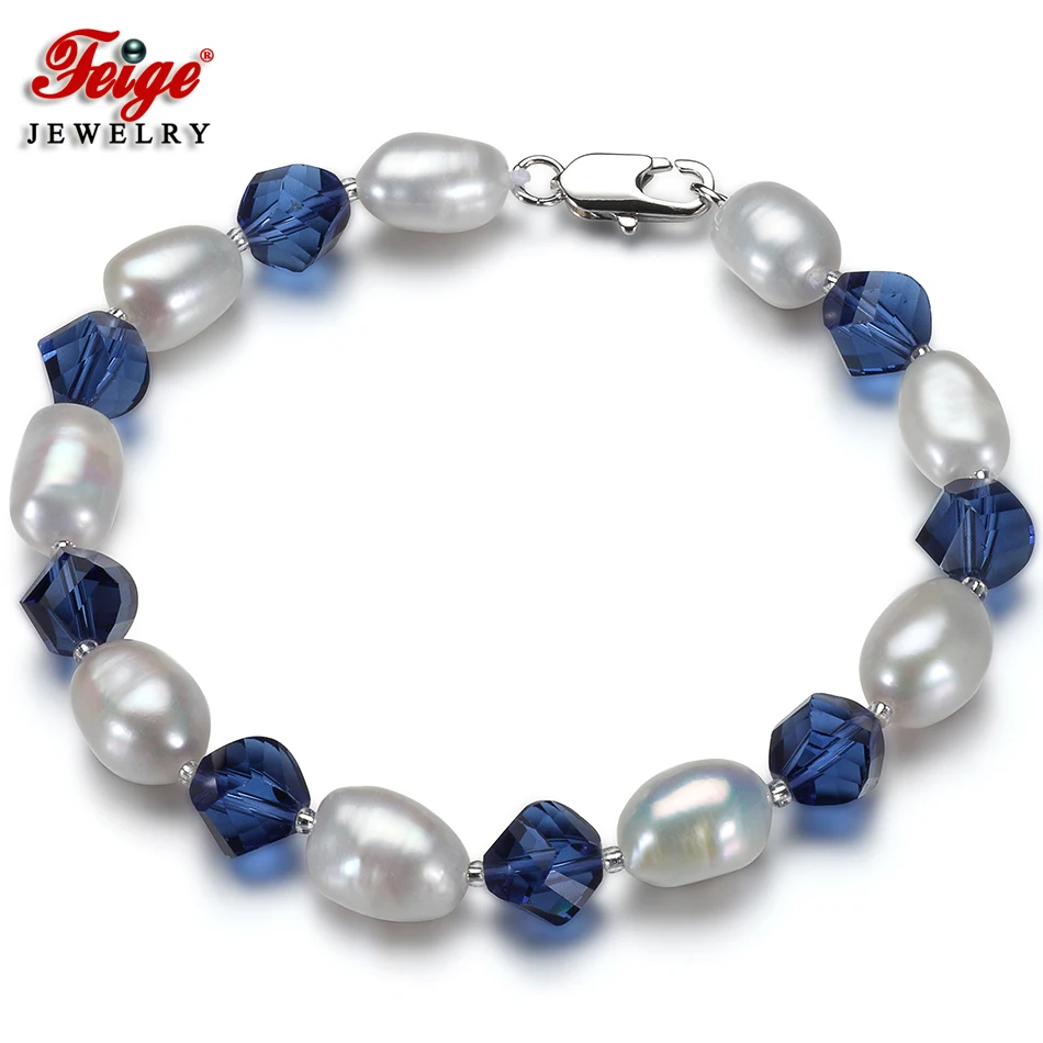 

Feige Special offer 7-8MM White Freshwater Pearl Bracelet for Women's Blue Crystal Strand Bracelets Baroque style Pearl Jewelry