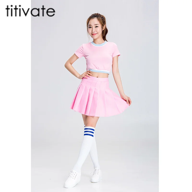 TITIVATE مثير المدرسة الفتيات المصفقين حلي مثير النساء زي 2 قطع المشجعات CostumeTop + تنورة الوردي زي حفلة تنكرية
