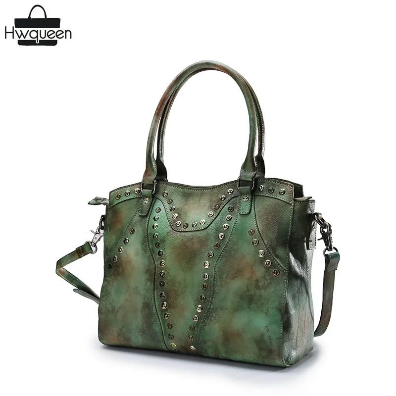 

100% Natural Cowhide Ladies Large Green Cross Shoulder Bag Genuine Cow Leather Women's Studs Handbag Female Rivets Totes Bag