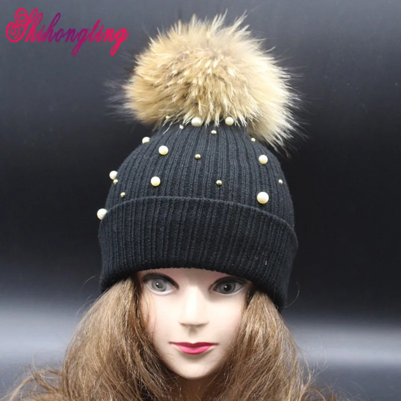 

Pearl Fur Bulb Hats Acrylic Knitted Caps Natural Raccoon Fur Pom Pom Detachable Cute Warm Cap For Women Birthday Gift ZZM003