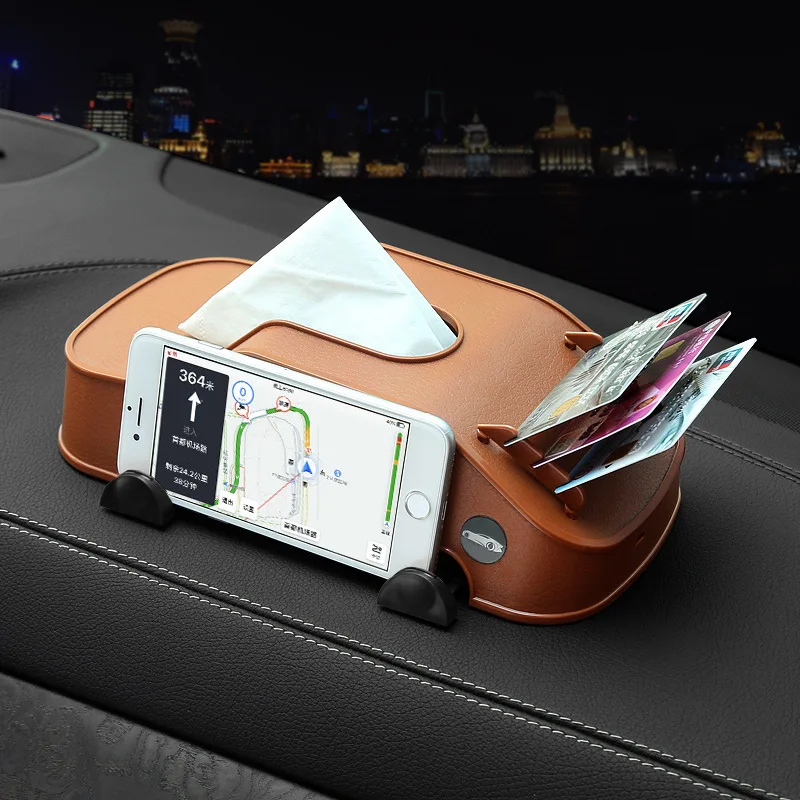 Многофункциональная автомобильная бумажная коробка для полотенец, бумажная коробка для автомобиля, чехол для навигатора, поддержка мобильного телефона, картриджи для карт - Цвет: Brownish black