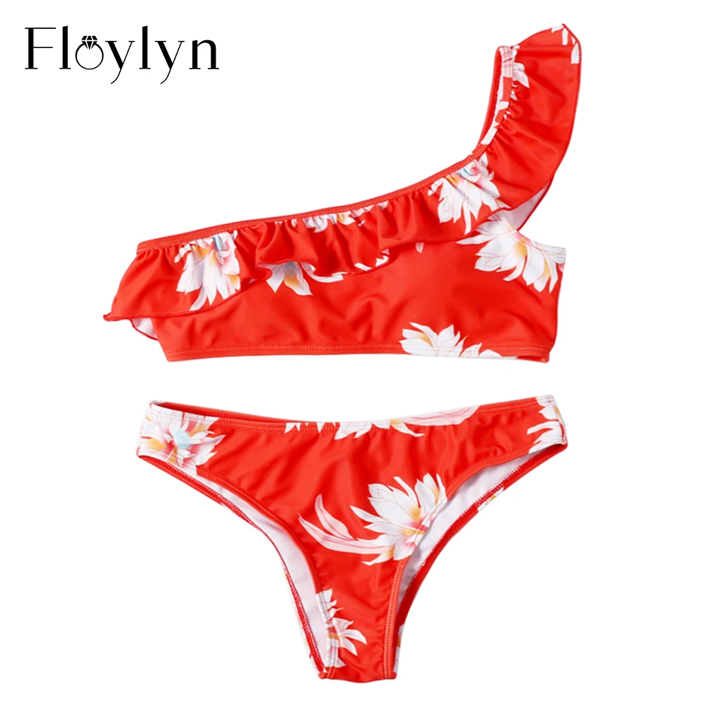 

Floylyn Women Printed One Shoulder Bikinis Chic Bikini Set Swimwear Women Summer Beach Wear Female Ruffle Bathing Suit Biquini