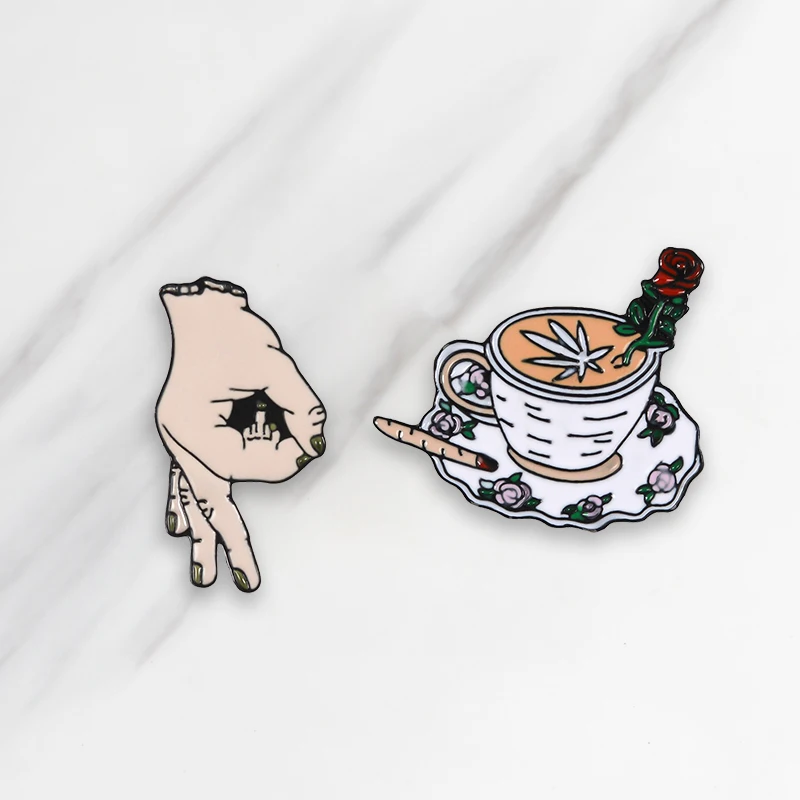 

Coffee OK Gesture Soft Enamel Brooches Rose Flower Cigarette Pins for clothes Shirt Bag Hat Badge Punk Jewelry Gift for Friends