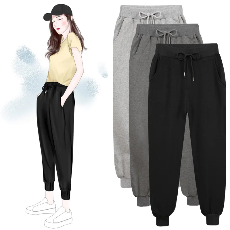 

M-6XL Plus Size Women Harem Pants Cotton Casual Loose Pants Solid Color Black Trousers Female Ankle-length Length Sport Pants