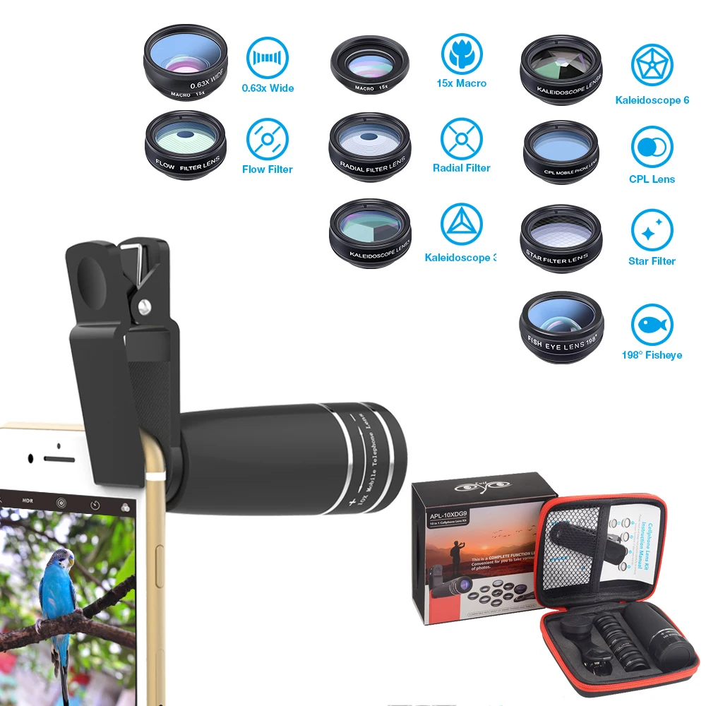 APEXEL 10in1 Camera Lens Kit 10X Telescope Fish Eye Wide Macro Star
