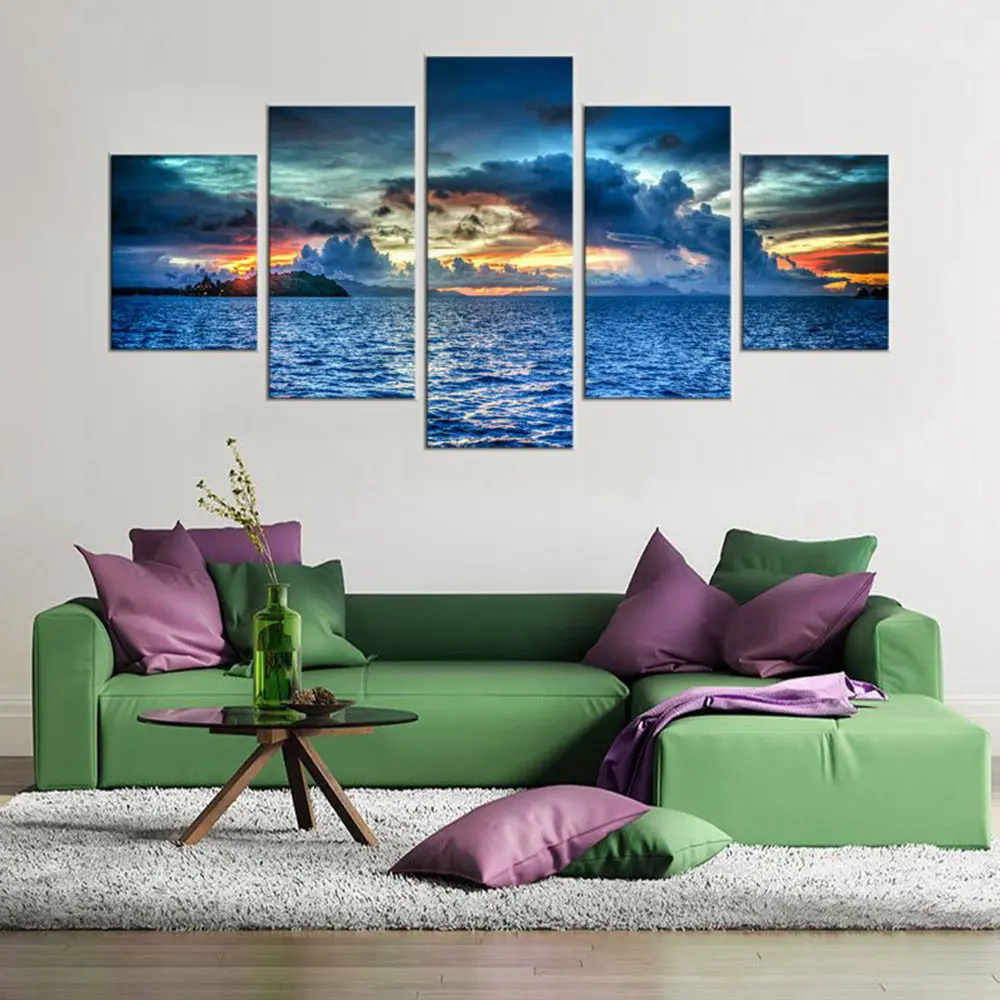 Waterfall Frame Canvas Wall Art Waves Sunset with Flying Sea Gulls Picture Contemporary Painting Seascape Artwork for Home Decor