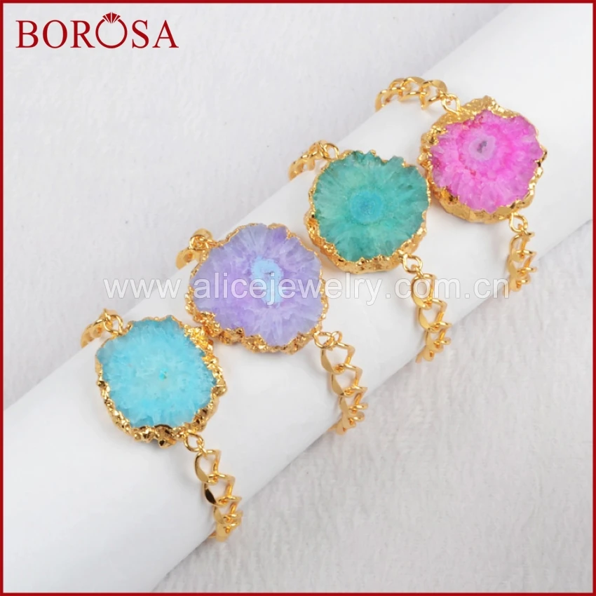 

BOROSA Sun Flower Rainbow Quartz Druzy Bracelets Gold Color Natural Solar Quartz Bracelet Quartz Multicolored Jewelry G242