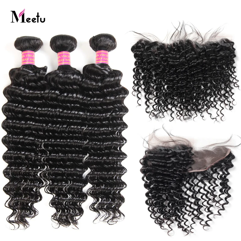

Meetu Deep Wave Bundles with Frontal 100% Human Hair Bundles with Closure Frotal Brazilian Hair 3 Bundles with Frontal Non Remy