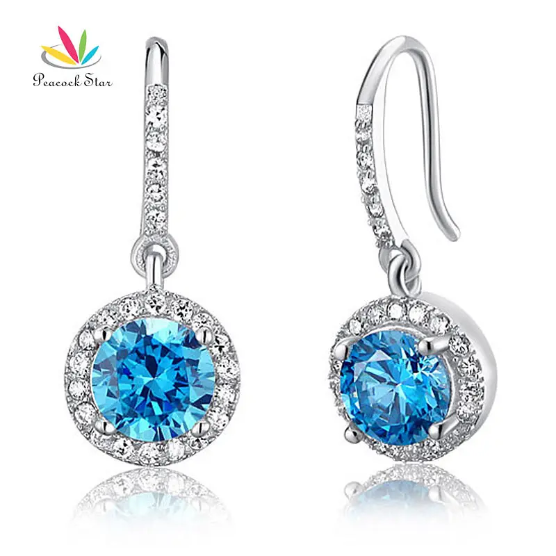 

Peacock Star 1.5 Carat Round Cut Blue Dangle Earrings Solid 925 Sterling Silver Bridal Wedding Jewelry CFE8027