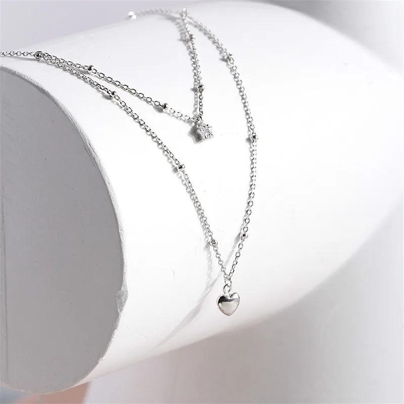 Flyleaf Double Layer Heart Shape Bead Necklaces& Pendants Real 925 Sterling Silver Cubic Zircon Necklace For Women Fine Jewelry