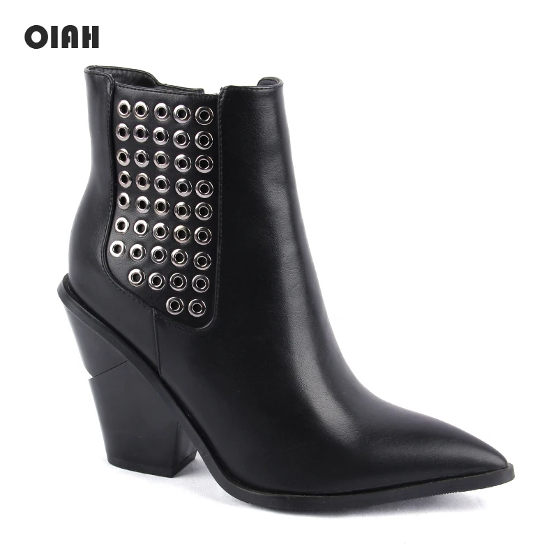 

Women Boots Pointed Toe High Heel Wedges Shoes Autumn Winter Boots Rivet Style Short Ladies Western Ankle Boots dr martens mujer